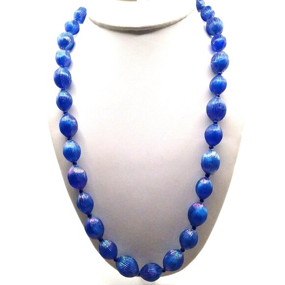 Vintage AB Royal Blue Necklace, Lovely Aurora Borealis Fluted Oblong Plastic - Picture 3 of 4